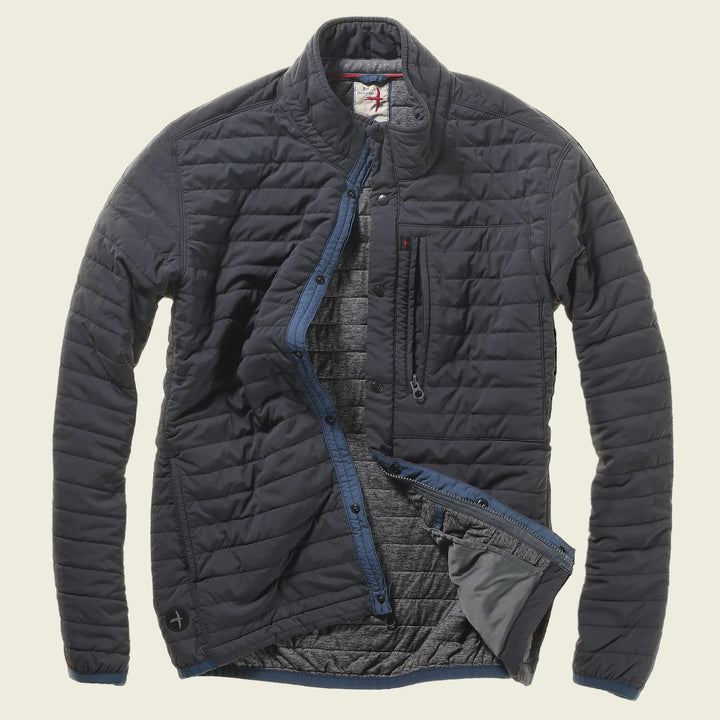 Dark gray quilted jacket on a white background
