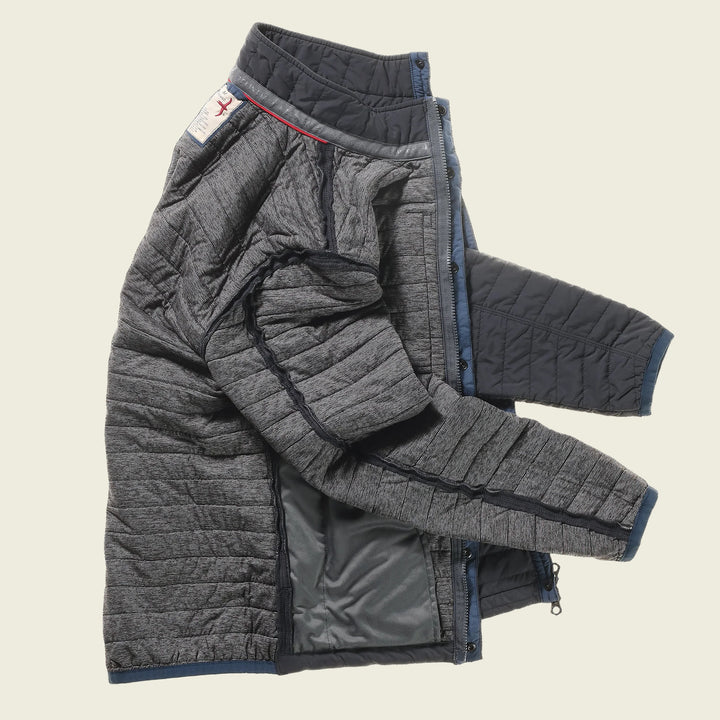 Folded gray quilted jacket on a white background
