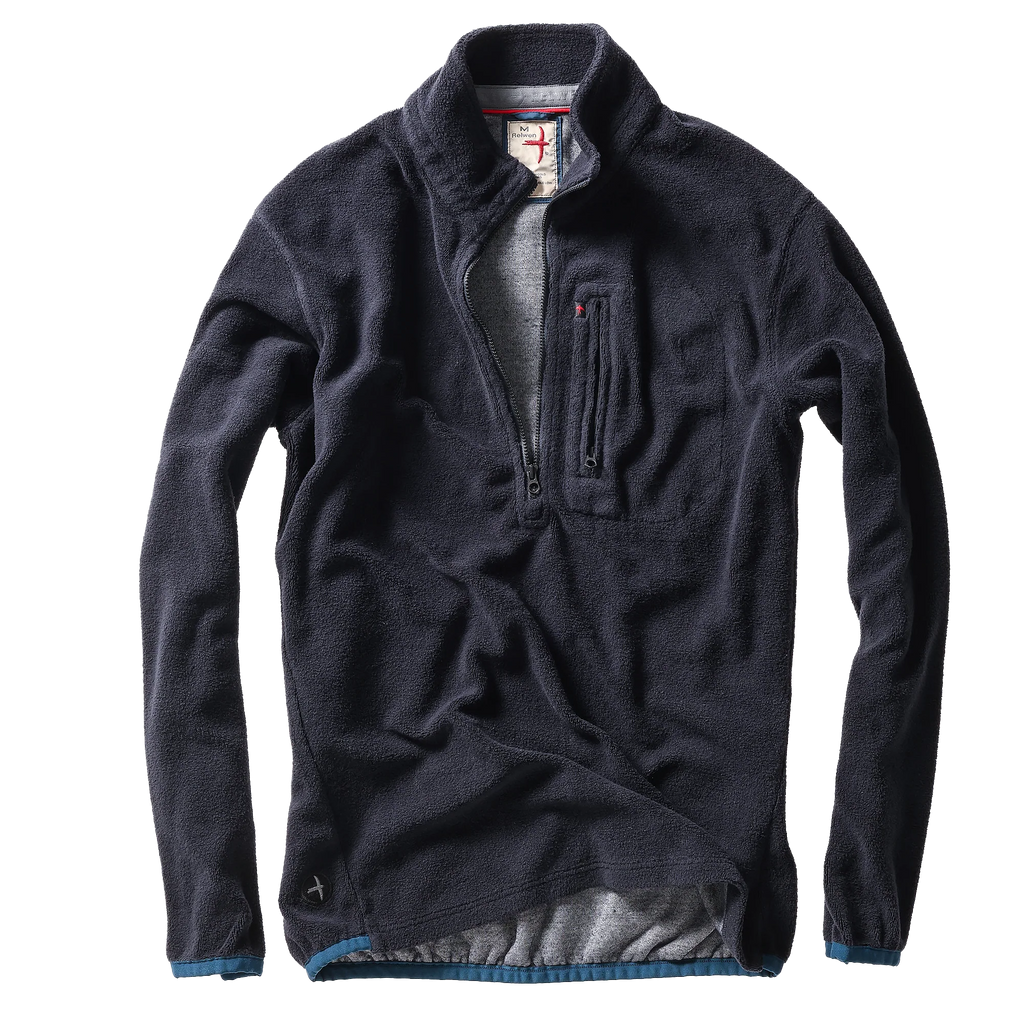 Dark gray fleece pullover with a quarter-zip design on a white background