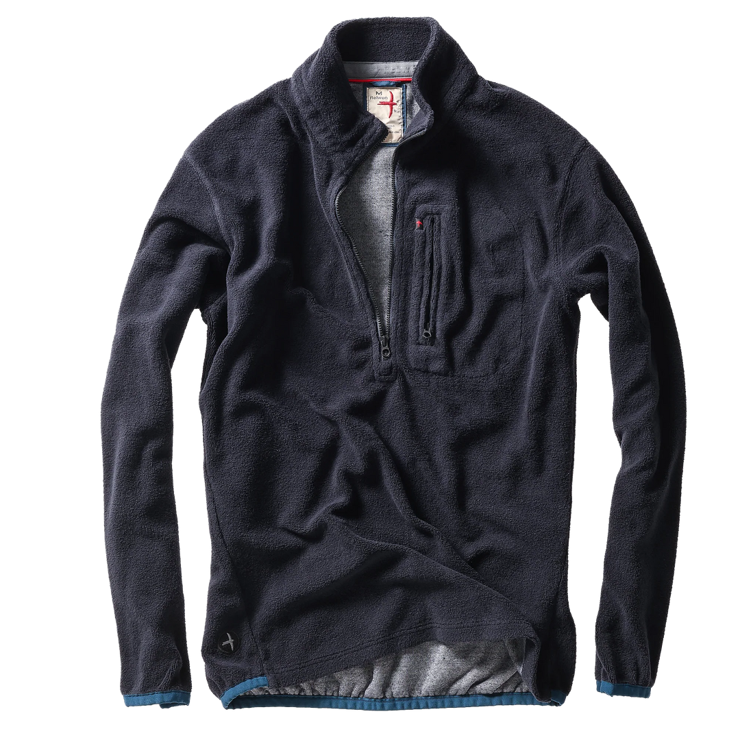 Dark gray fleece pullover with a quarter-zip design on a white background