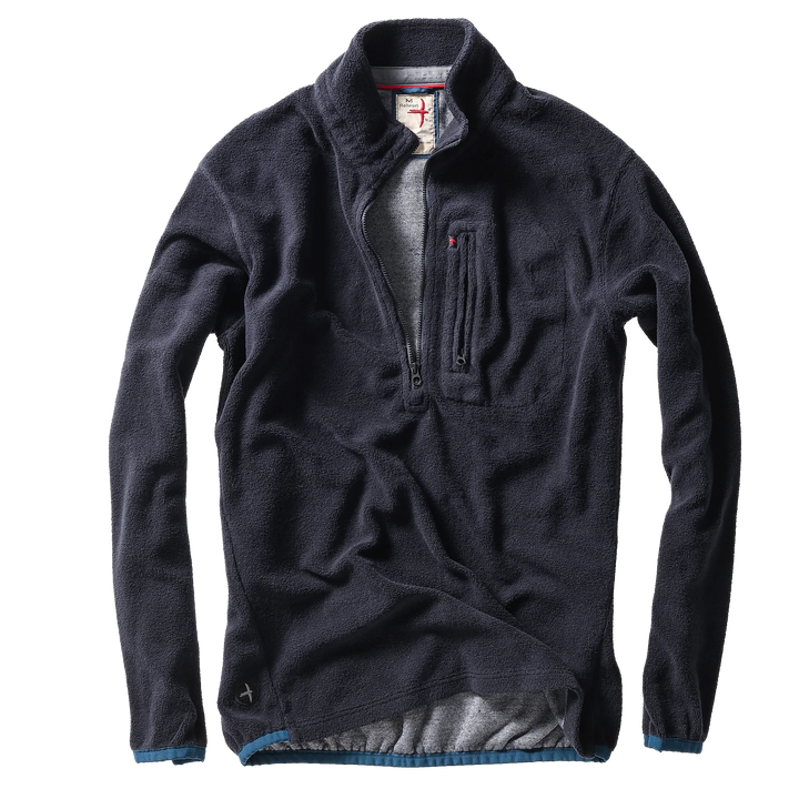 Dark gray fleece pullover with a quarter-zip design on a white background