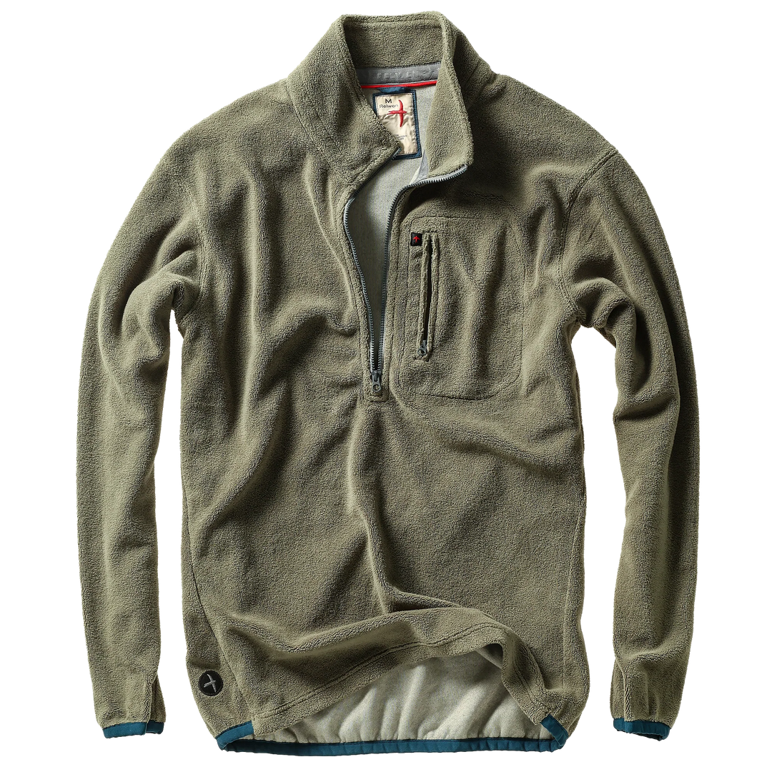 Green fleece jacket with a zipper on a white background