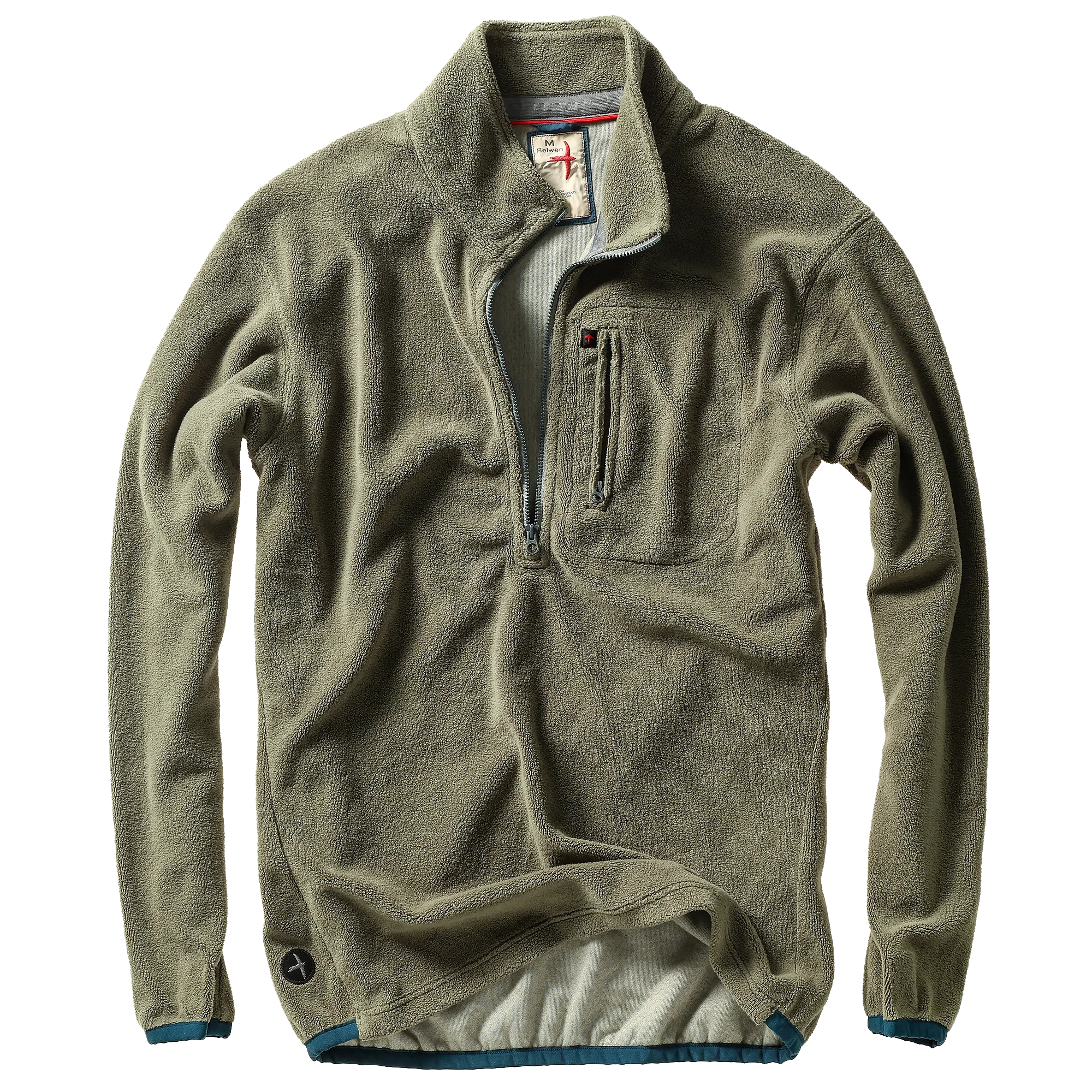 Green fleece jacket with a zipper on a white background