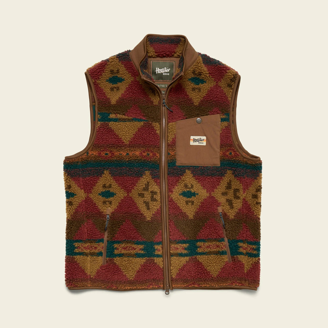 Patterned vest with brand logo on a beige background
