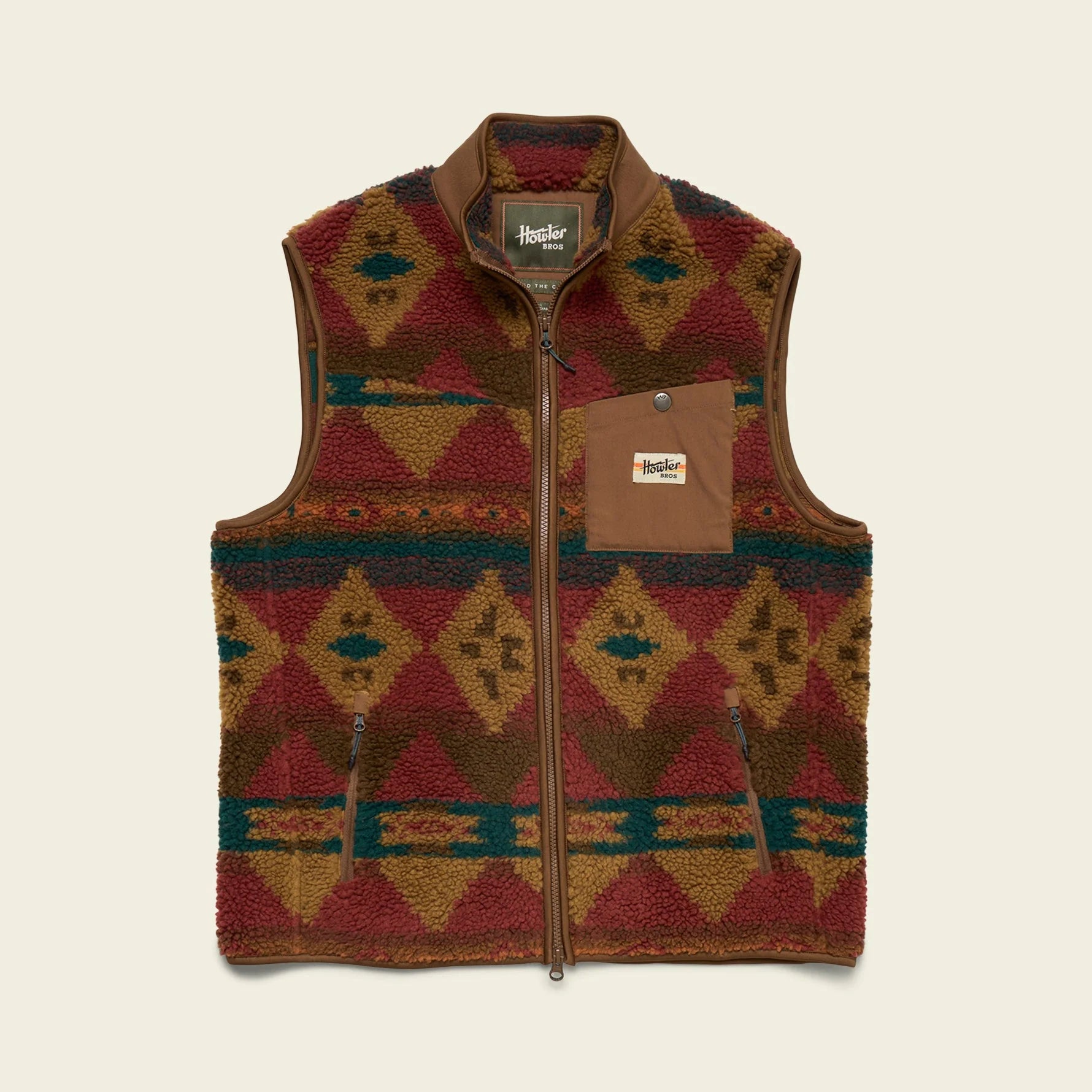 Patterned vest with brand logo on a beige background