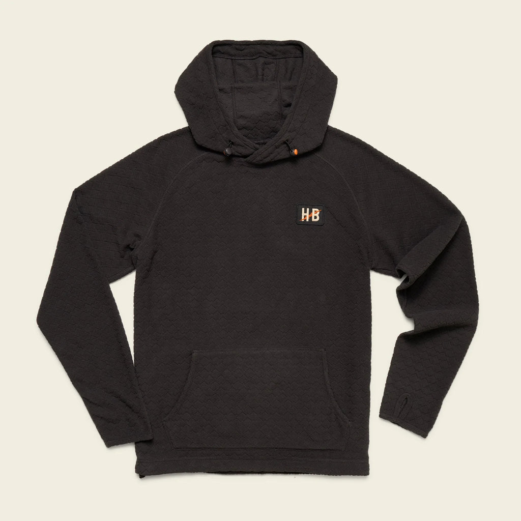 A black pullover hoodie with a small gold embroidered 'HB' logo on the left chest, displayed flat against a solid white background.