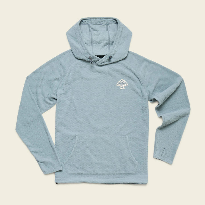 Light blue hoodie with a logo on a beige background