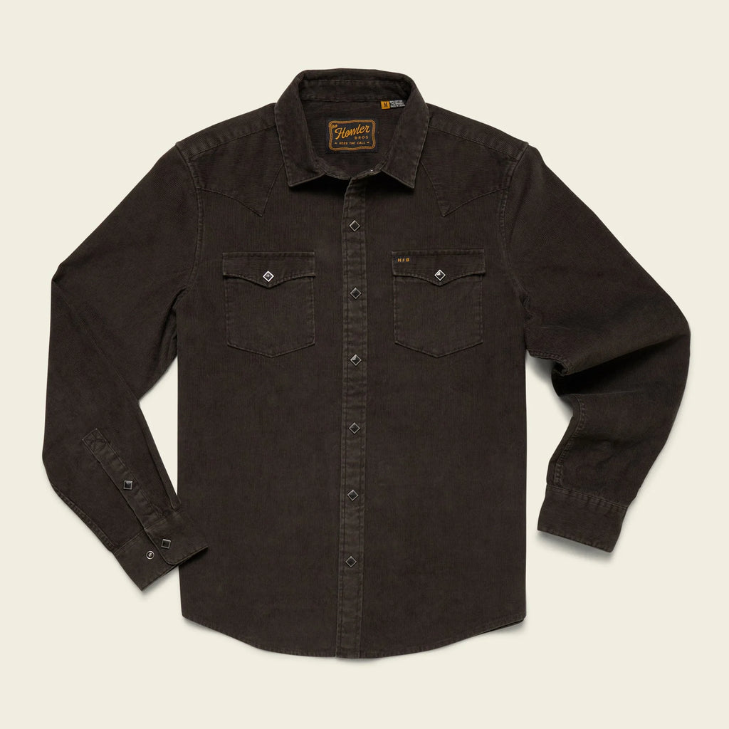 Dark brown button-up shirt with a brand logo on a beige background