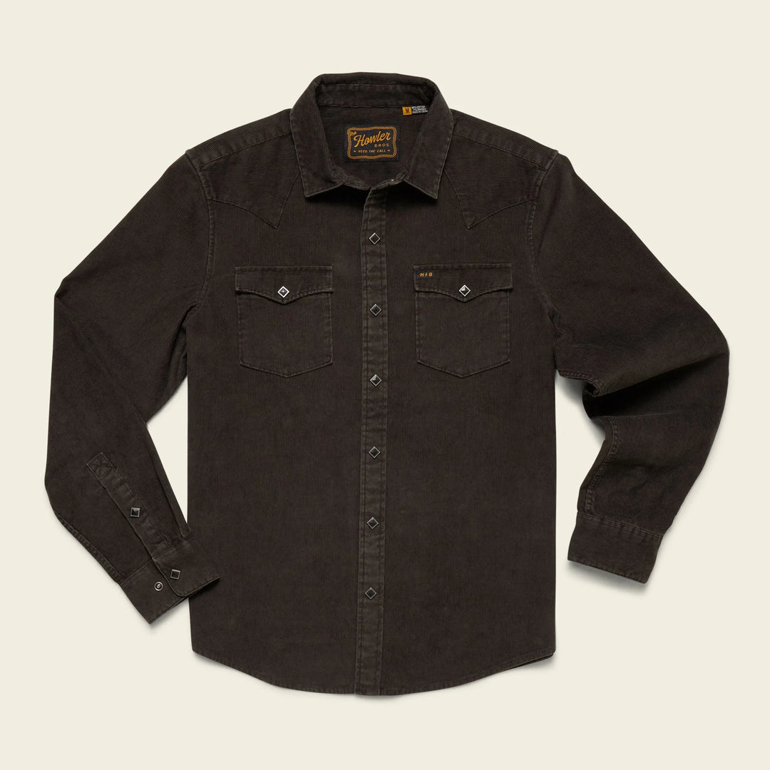 Dark brown button-up shirt with a brand logo on a beige background