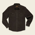 Dark brown button-up shirt with a brand logo on a beige background