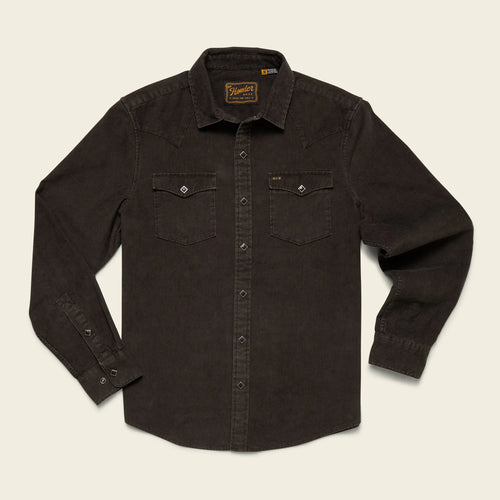 Dark brown button-up shirt with a brand logo on a beige background