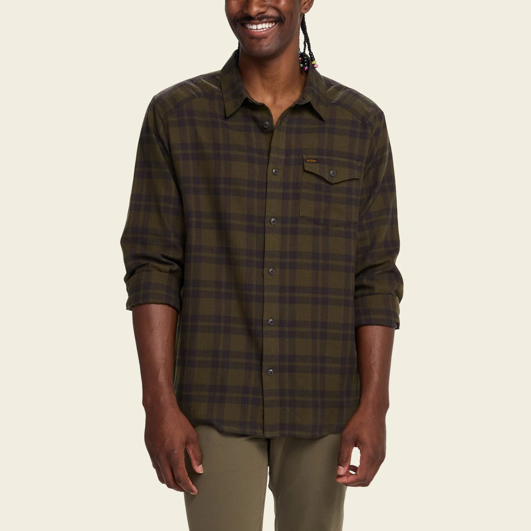 Man wearing a green plaid shirt on a beige background