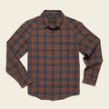 Howler Brothers plaid shirt with brown and blue pattern on a beige background