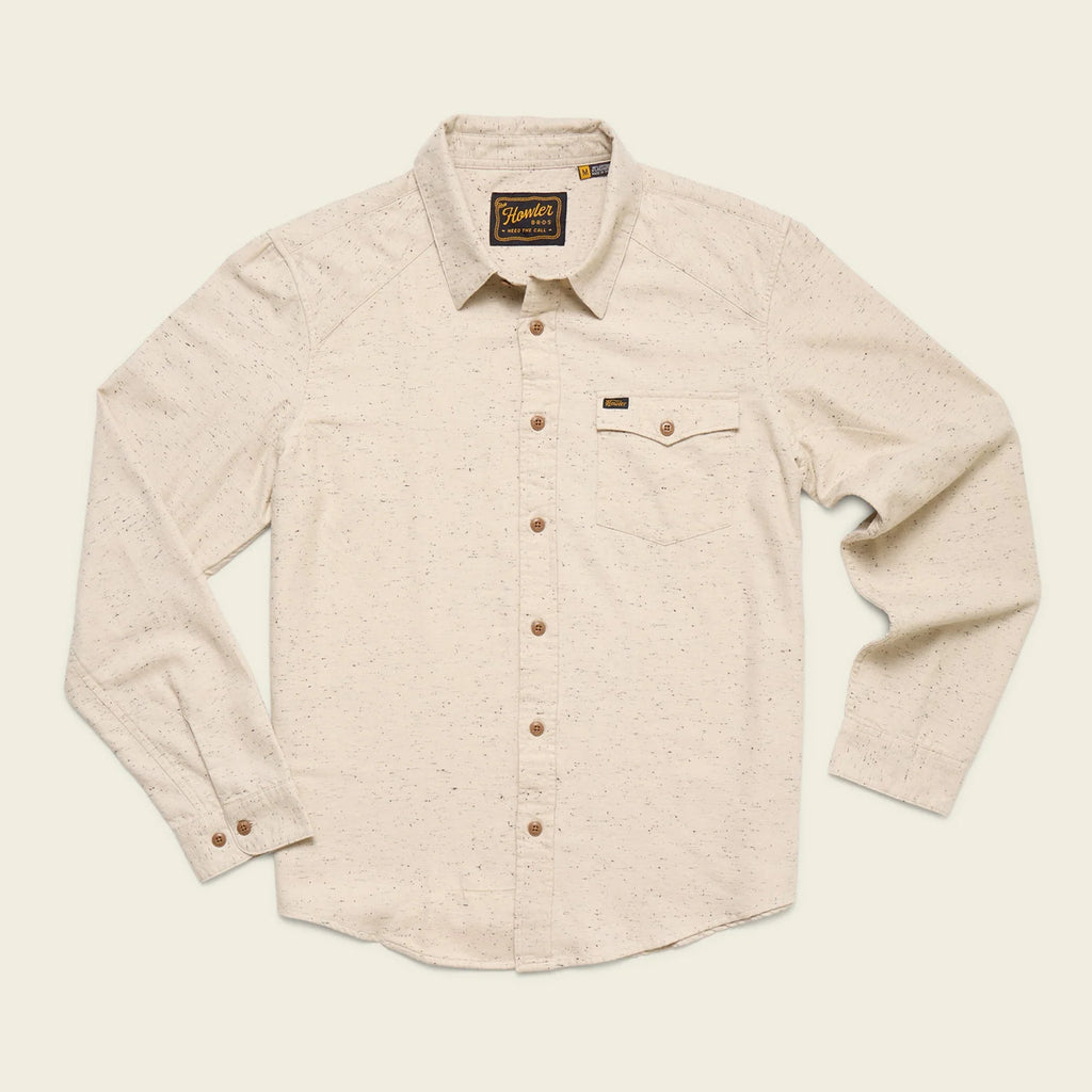 Beige Howler Brothers button-up shirt on a light beige background