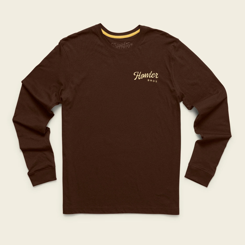 Brown long-sleeve shirt with 'Howler Bros' logo on a beige background