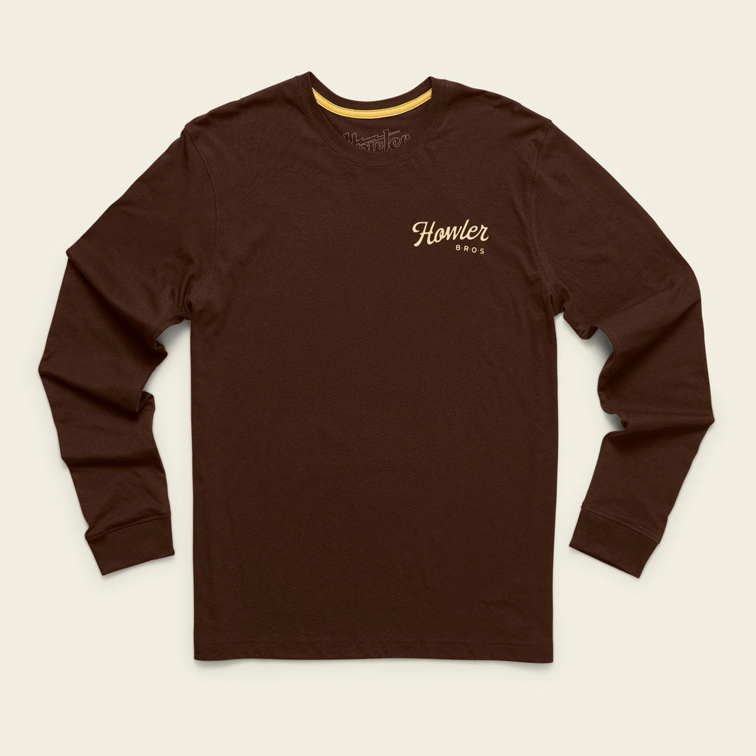 Brown long-sleeve shirt with 'Howler Bros' logo on a beige background