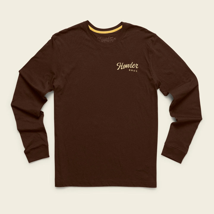 Brown long-sleeve shirt with 'Howler Bros' logo on a beige background
