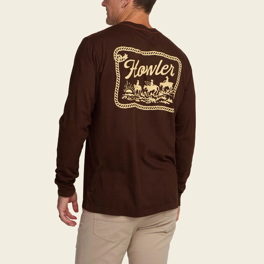 Brown long-sleeve shirt with 'Howler' logo on the back, worn by a person.