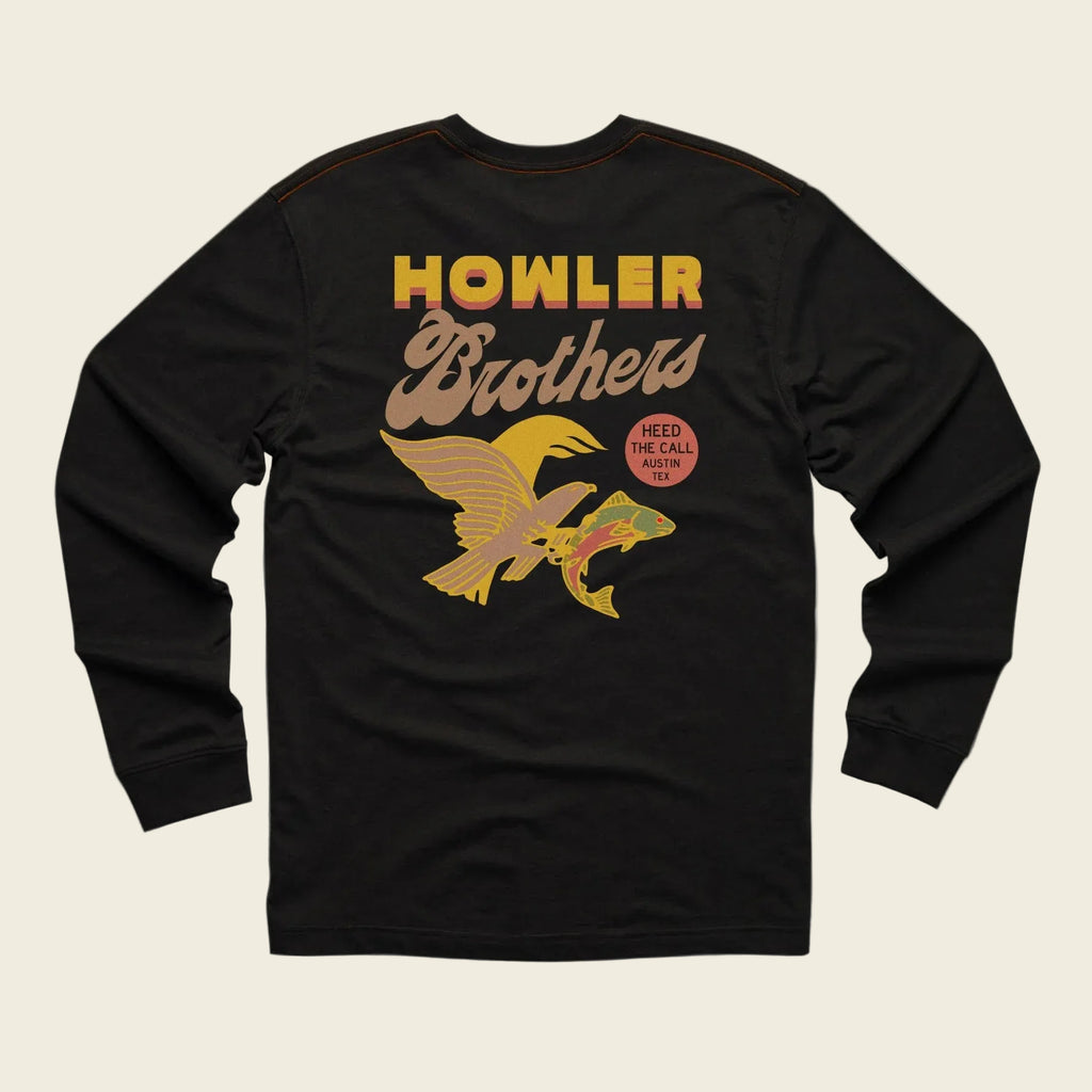 Black long-sleeve shirt with 'Howler Brothers' logo on a beige background