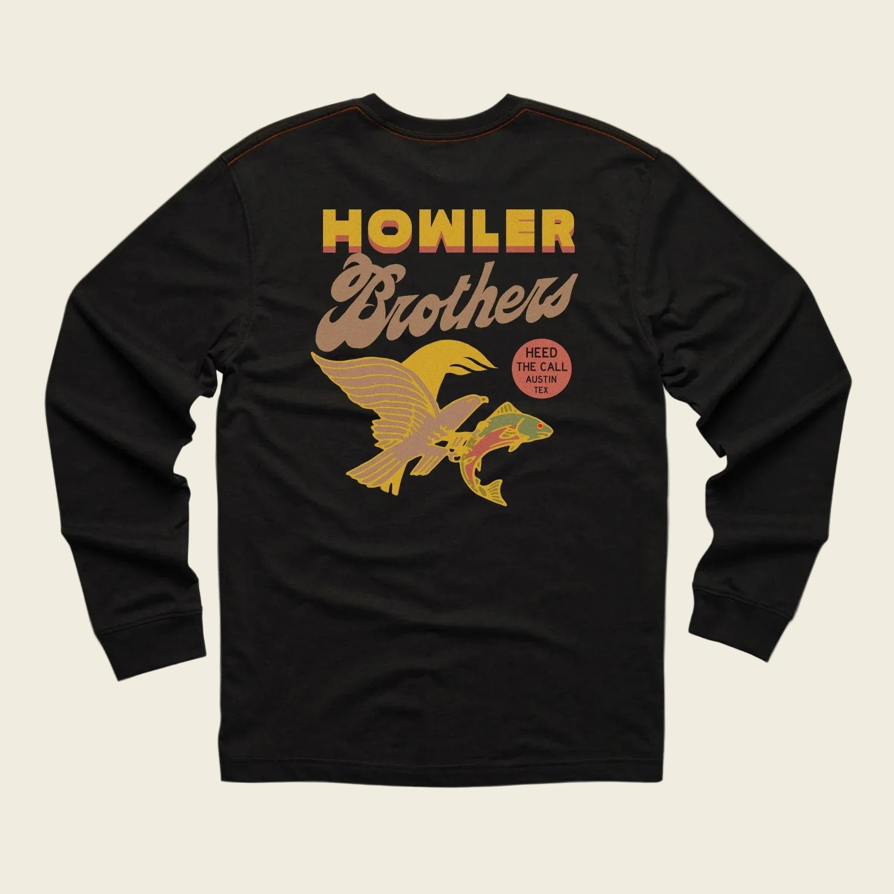 Black long-sleeve shirt with 'Howler Brothers' logo on a beige background