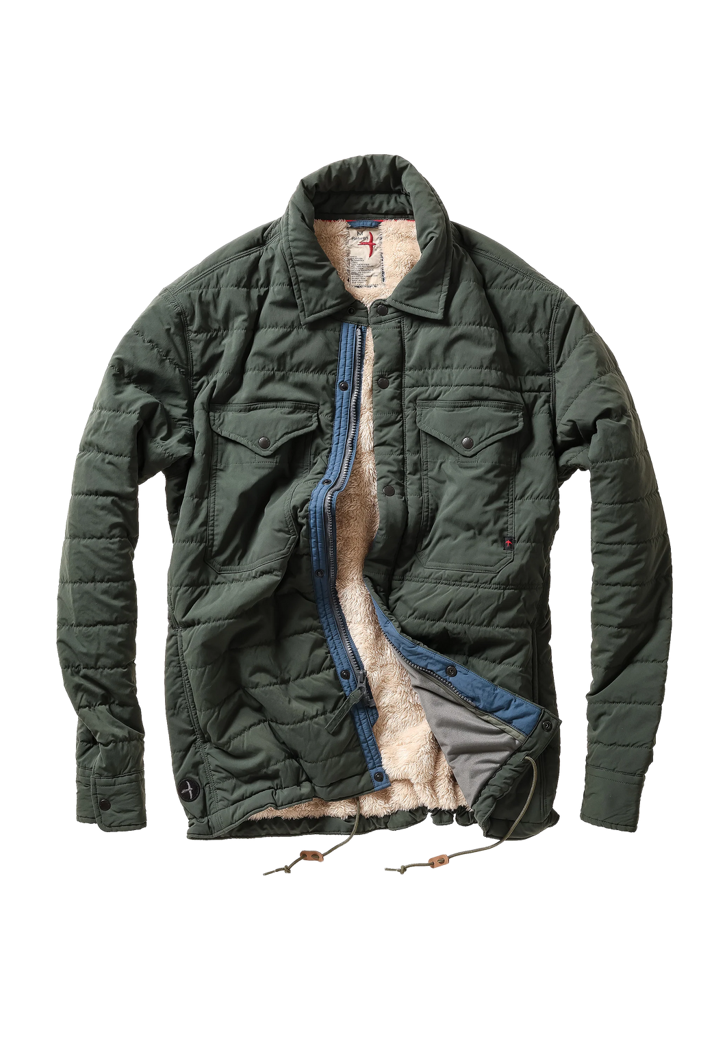 An olive green quilted jacket with a blue zipper and a beige sherpa lining, shown flat against a white background.
