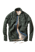 An olive green quilted jacket with a blue zipper and a beige sherpa lining, shown flat against a white background.