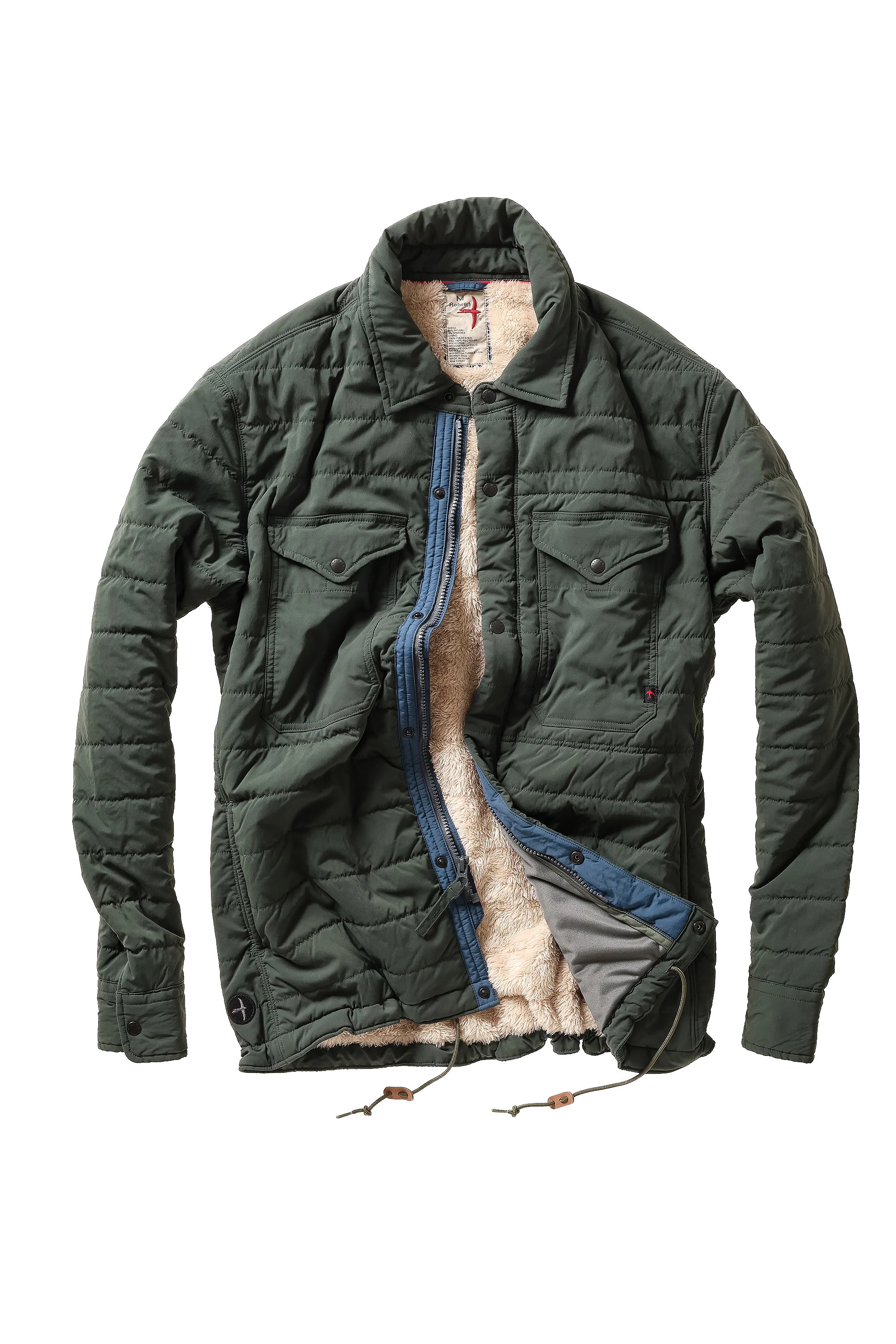An olive green quilted jacket with a blue zipper and a beige sherpa lining, shown flat against a white background.