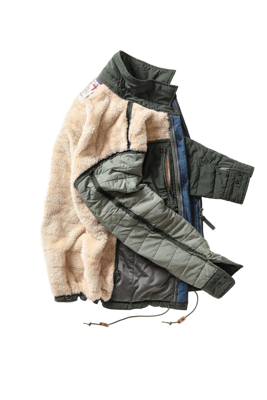 A vintage quilted jacket with a beige sherpa lining, olive green quilted outer shell, and blue lining, shown on a plain white background.