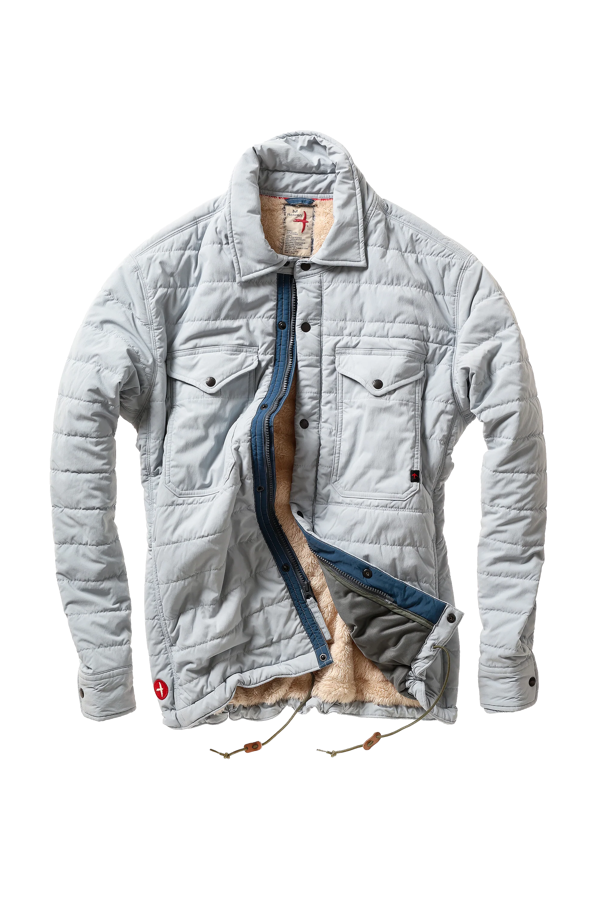A light gray quilted overshirt jacket with a blue denim collar and a beige sherpa lining, shown against a plain white background.