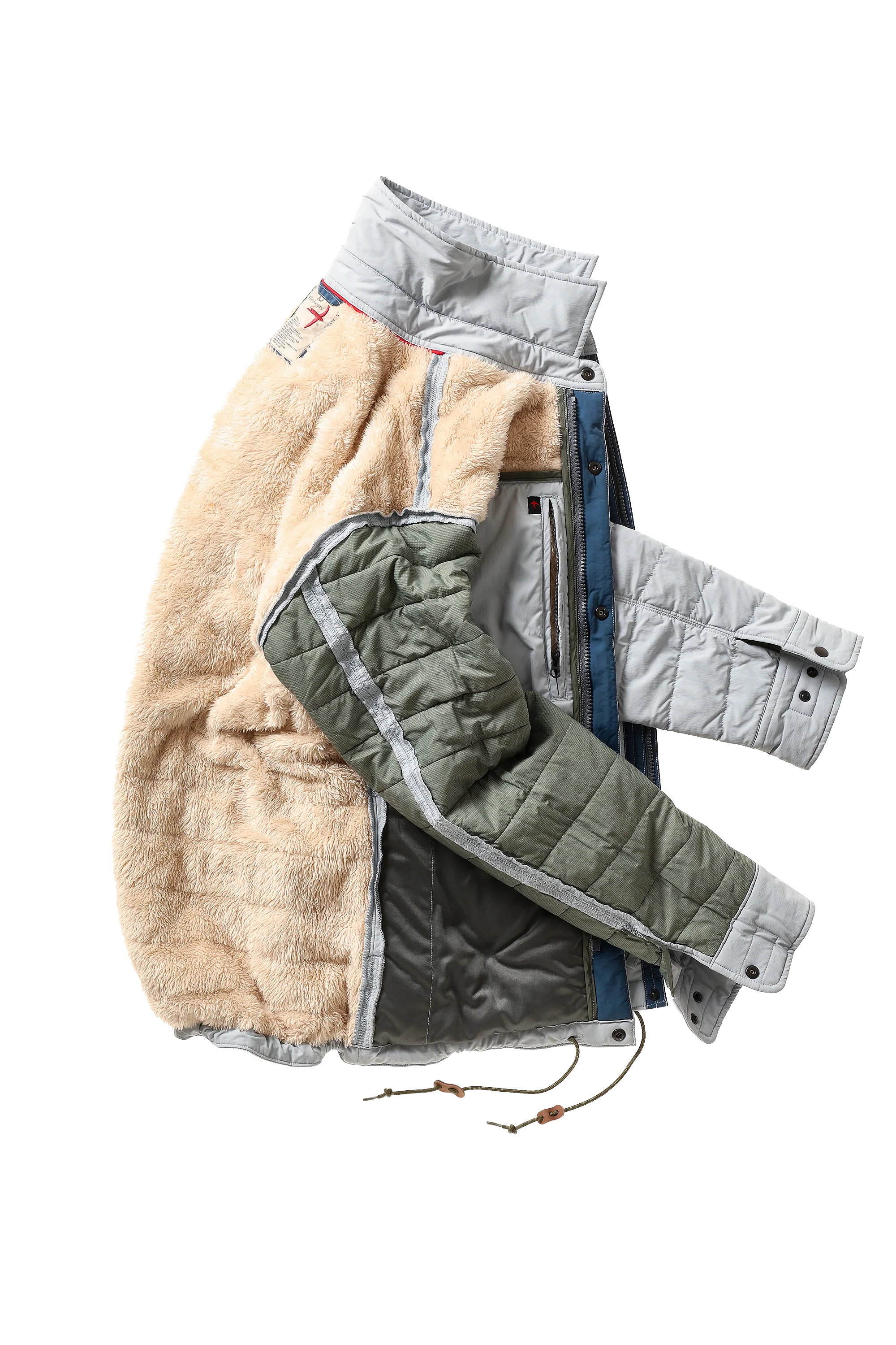 A vintage-style quilted jacket with a beige sherpa lining, olive green quilted sleeves, and light gray panels, shown on a solid white background.
