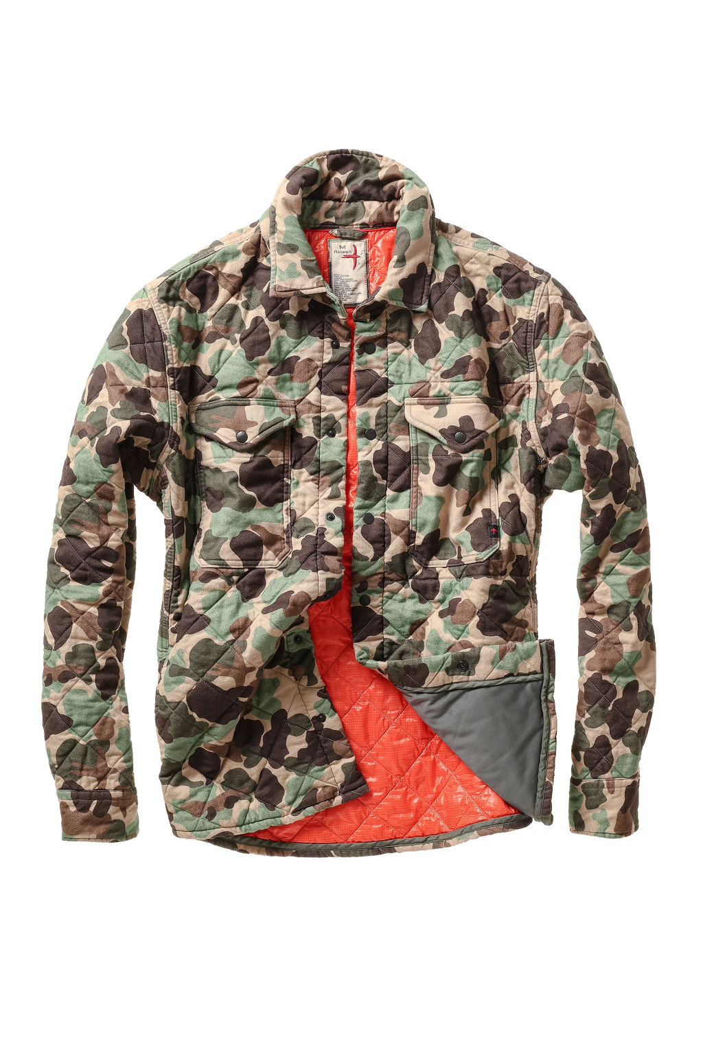 A quilted camouflage jacket with a high collar, zippered front, and a bright red-orange interior lining, shown against a plain white background.