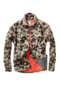 A quilted camouflage jacket with a high collar, zippered front, and a bright red-orange interior lining, shown against a plain white background.