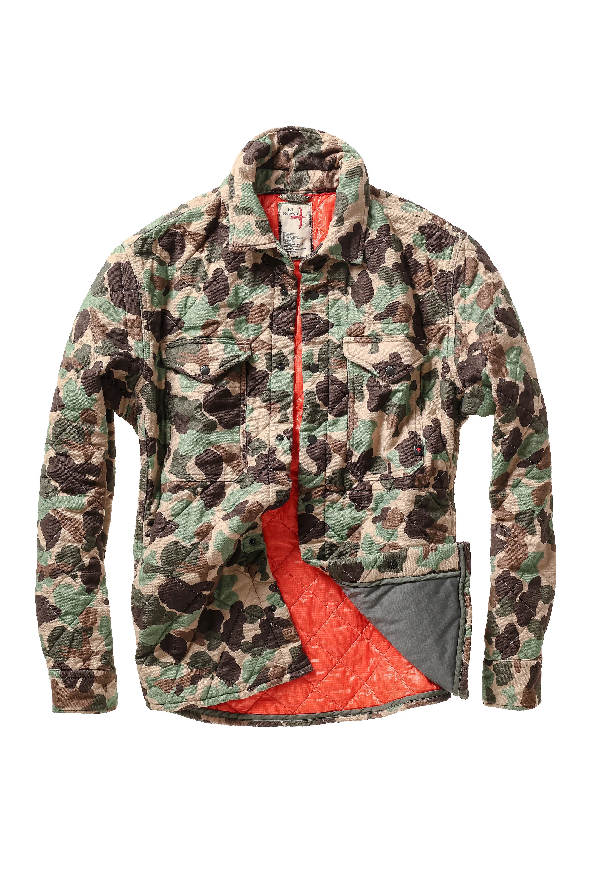 A quilted camouflage jacket with a high collar, zippered front, and a bright red-orange interior lining, shown against a plain white background.