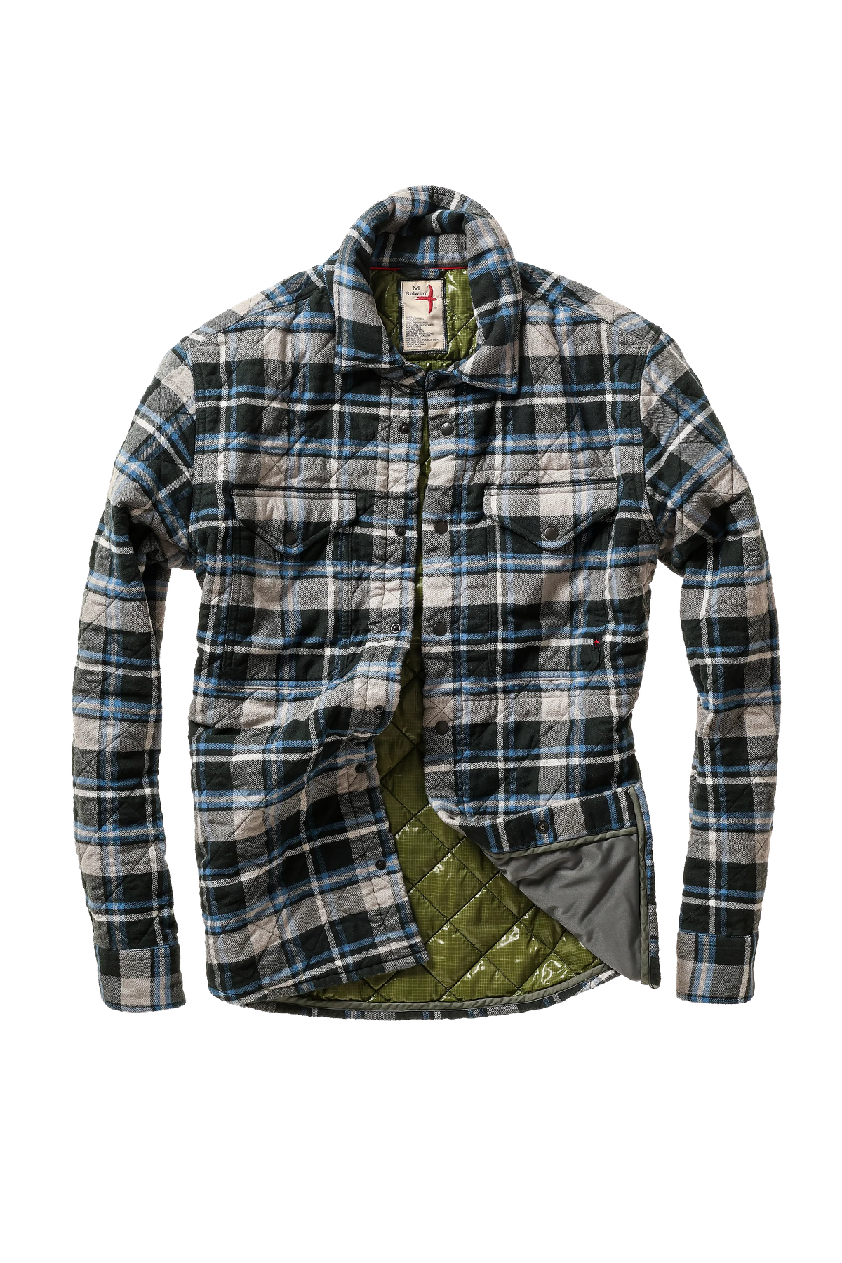 A long-sleeve plaid overshirt with a quilted lining, shown against a plain white background. The plaid pattern is a mix of blue, gray, and white, with a visible olive green quilted lining.