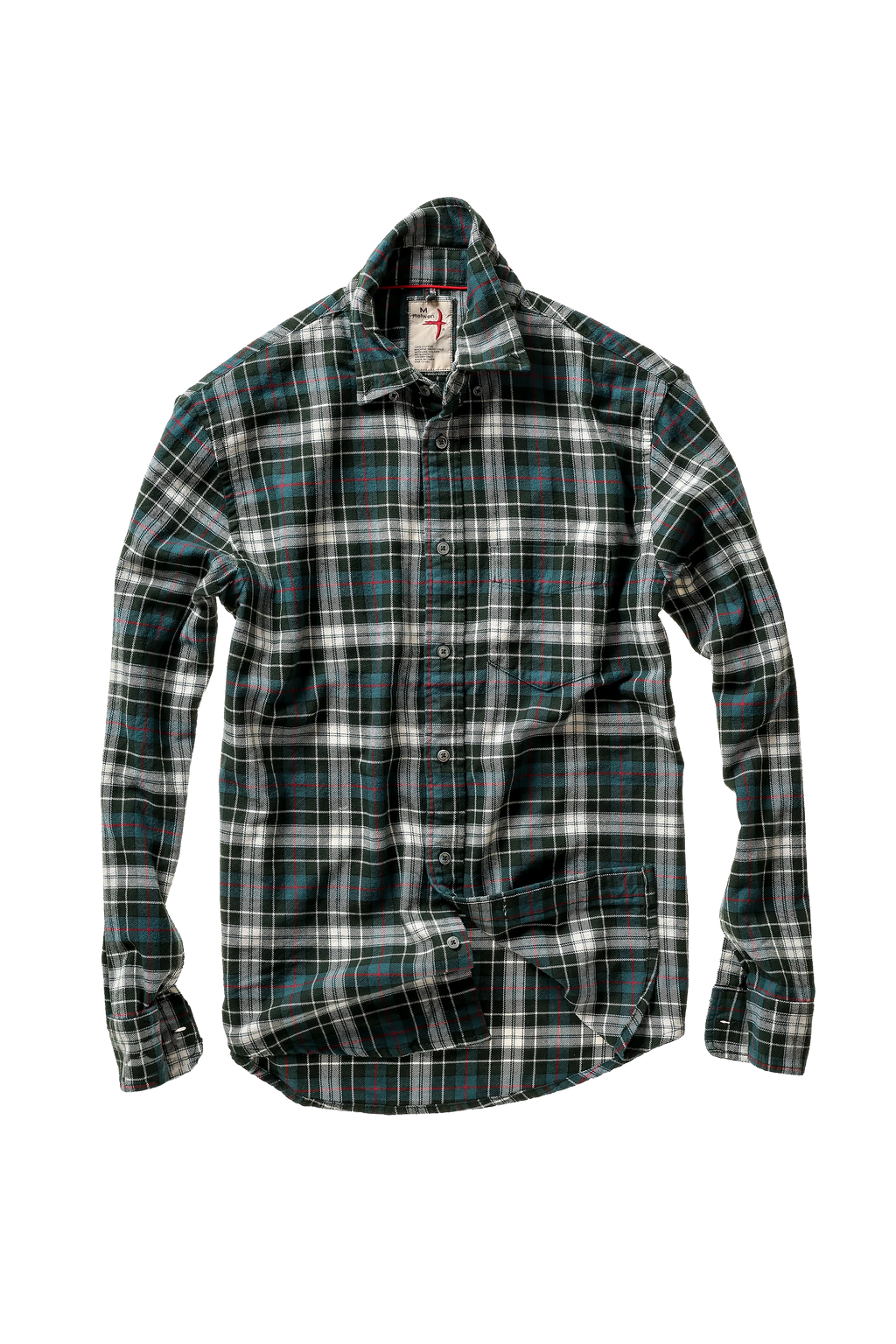 A long-sleeve plaid button-up shirt in black, white, and teal, shown against a plain white background.