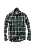 A long-sleeve plaid button-up shirt in black, white, and teal, shown against a plain white background.