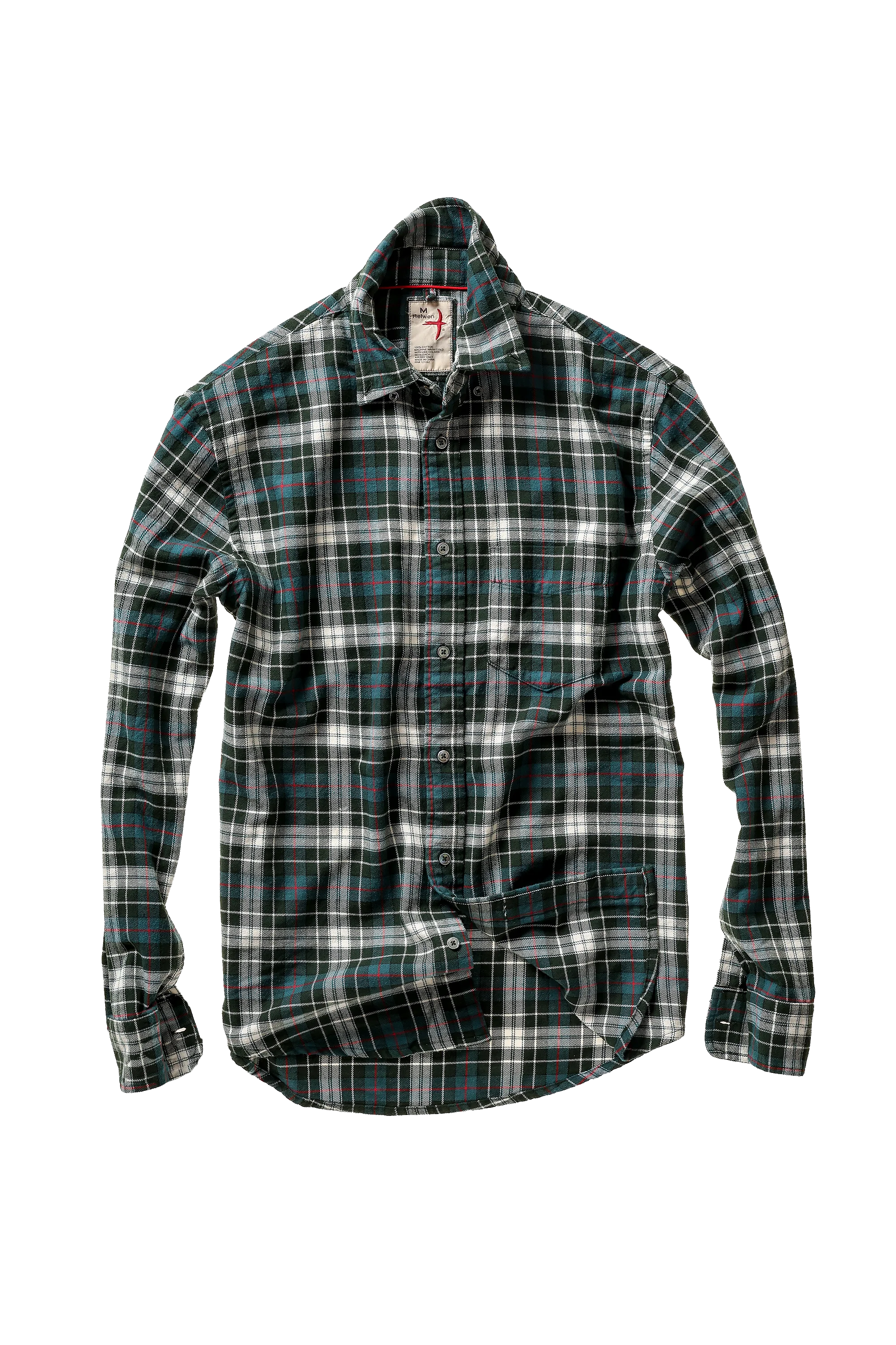 A long-sleeve plaid button-up shirt in black, white, and teal, shown against a plain white background.
