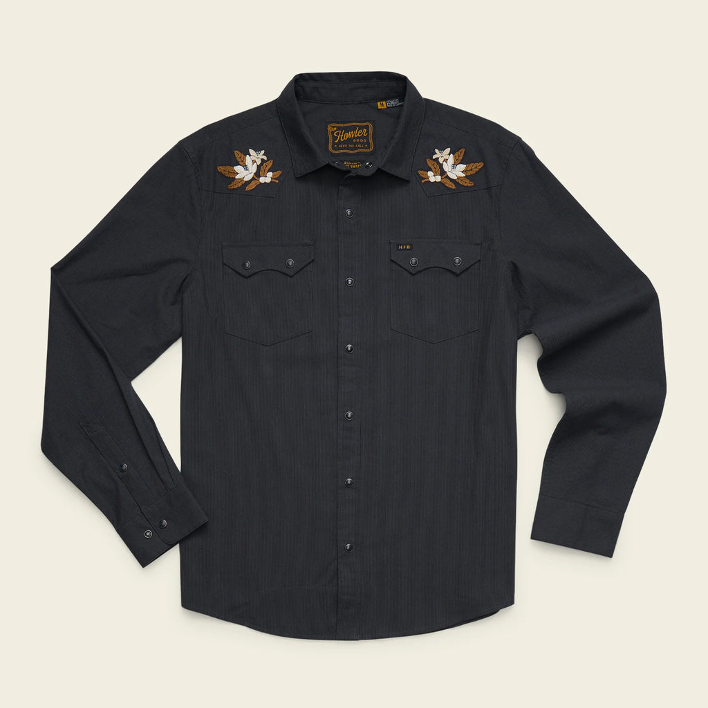A dark charcoal gray long-sleeve button-up shirt with embroidered western-style bird motifs on the shoulders, displayed flat against a light cream background.