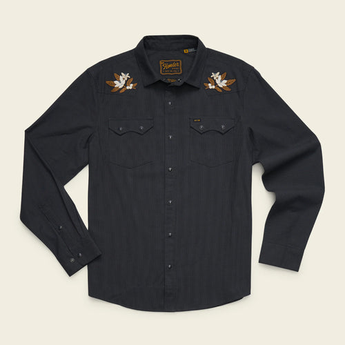 A dark charcoal gray long-sleeve button-up shirt with embroidered western-style bird motifs on the shoulders, displayed flat against a light cream background.
