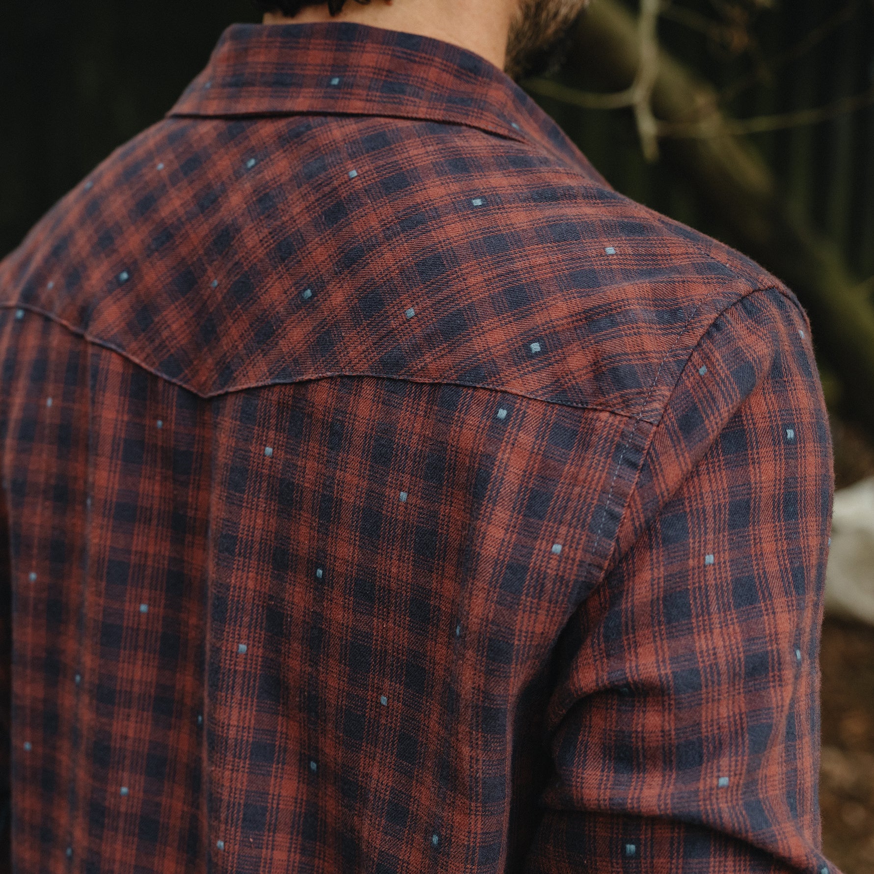 Close-up back view of a person wearing a red and navy plaid flannel shirt with small light blue dot accents, set against a dark, blurred outdoor background.