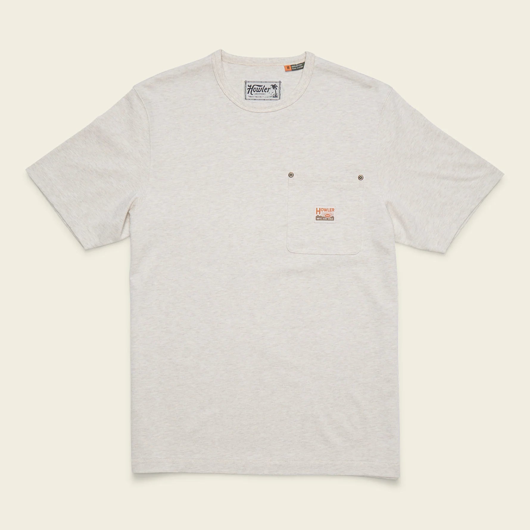 A light heather gray short-sleeve t-shirt with a chest pocket, featuring two brown buttons and a small orange and black Levi's logo on the pocket, laid flat against a cream background.