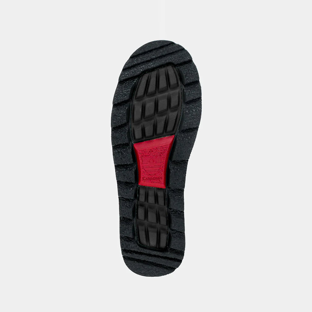 Close-up of a shoe sole with a red label on a light gray background