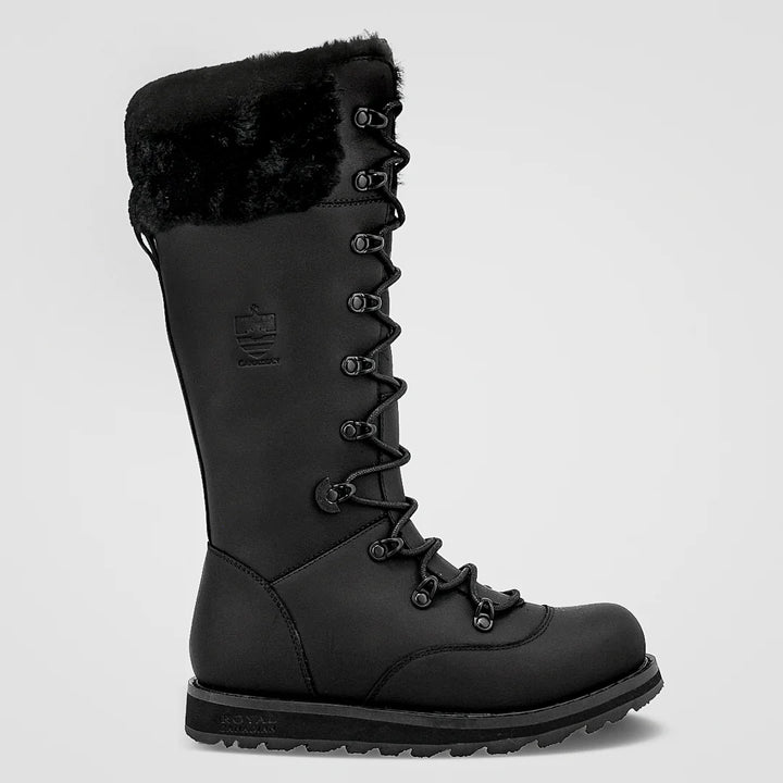 Black winter boot with fur lining on a light gray background