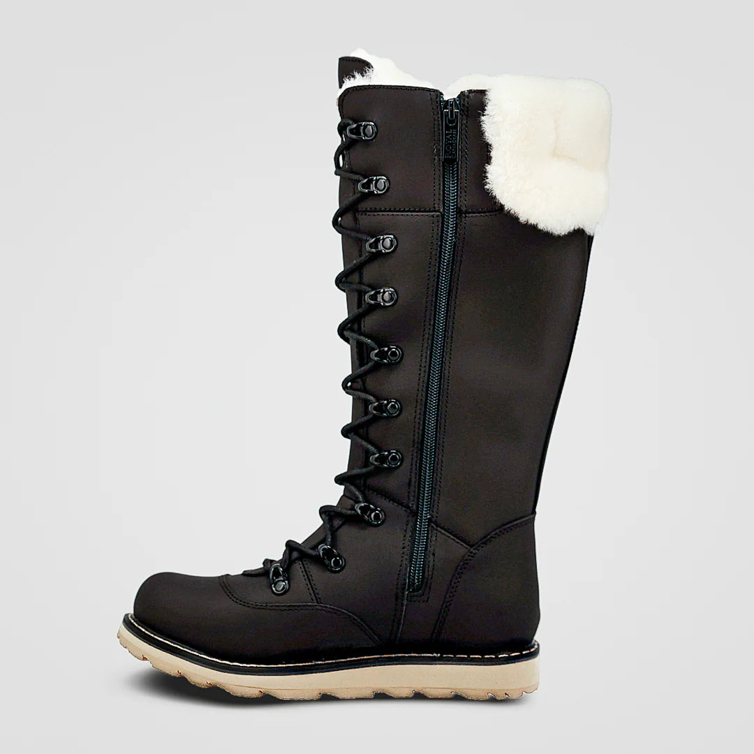 Black winter boot with white fur lining on a light gray background