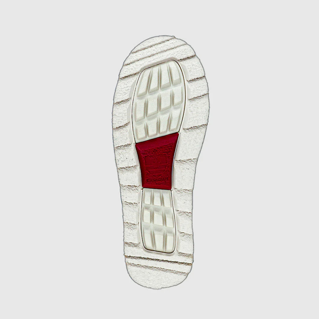 Close-up of a shoe sole with a red insole on a light gray background
