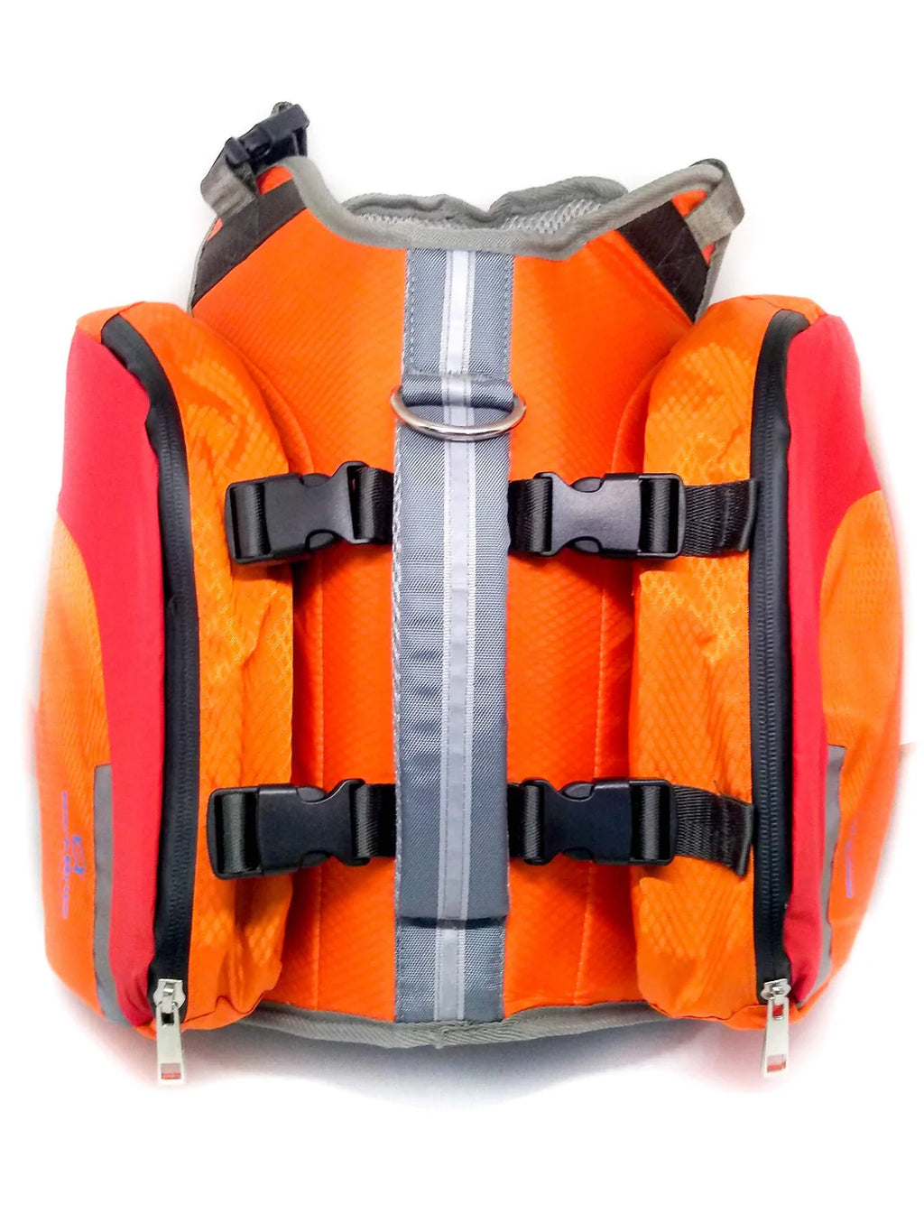 Orange life jacket with black straps on a white background