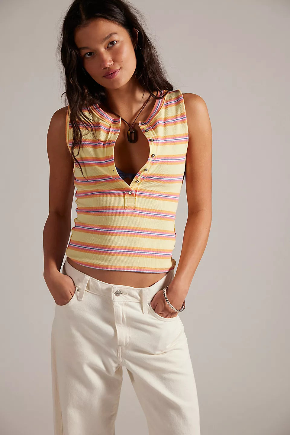 Jamie Henley Striped Tank Top in Butter Yellow Combo front view on model wearing white jeans