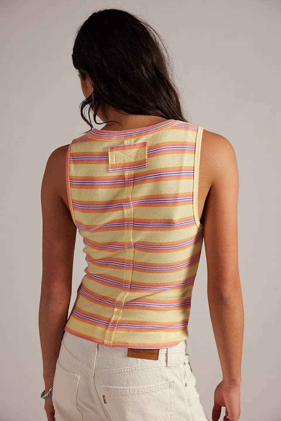 Jamie Henley Striped Tank Top in Butter Yellow Combo back view on model wearing white jeans