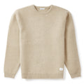 A light beige crewneck sweater with long sleeves, laid flat against a clean white background.