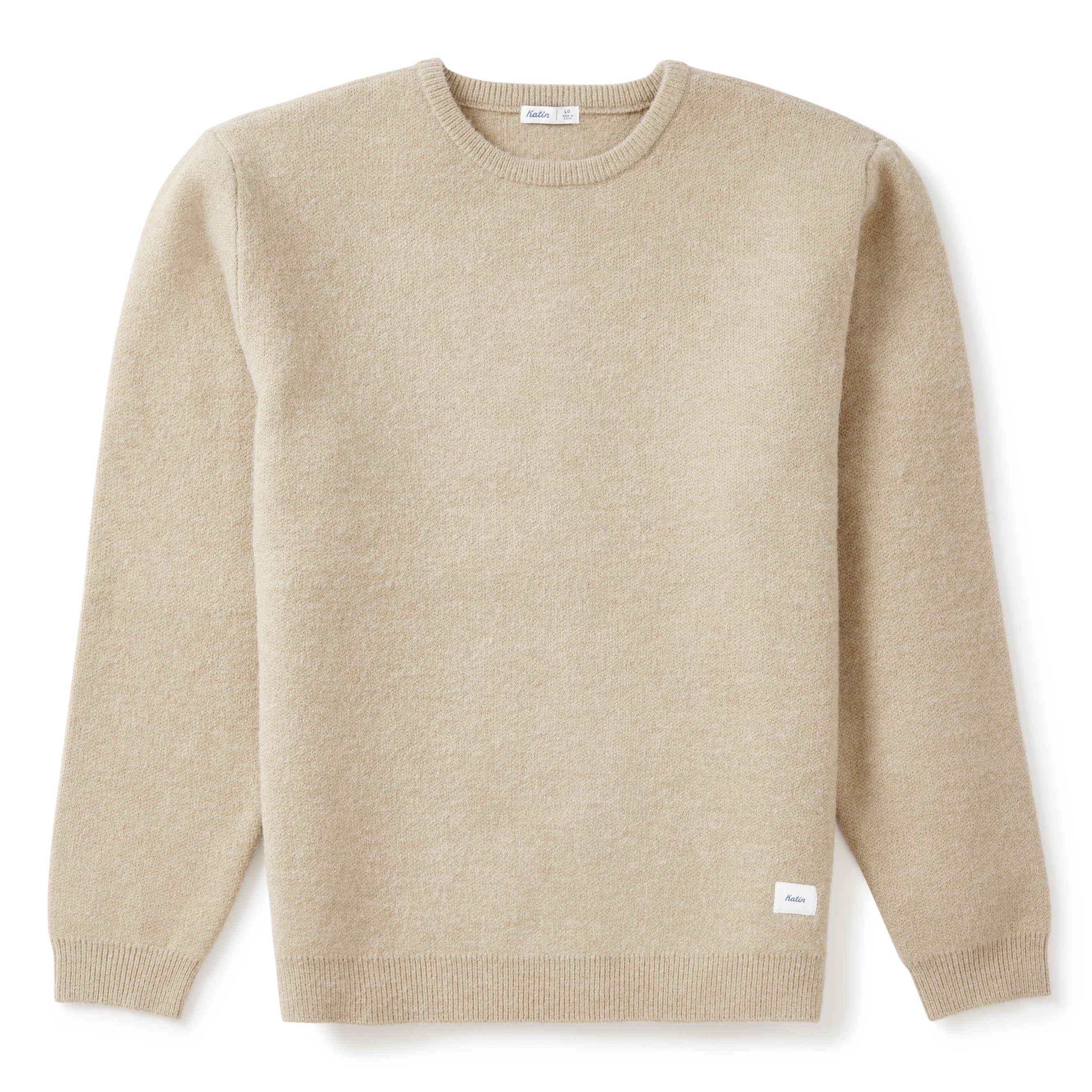 A light beige crewneck sweater with long sleeves, laid flat against a clean white background.